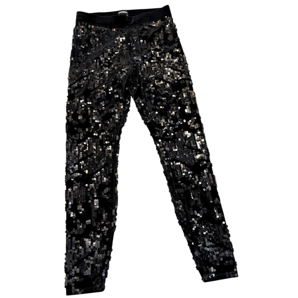 Express Pants - Express Black Sequin Pants High Rise XS Elastic Waist Skinny Legging Evening